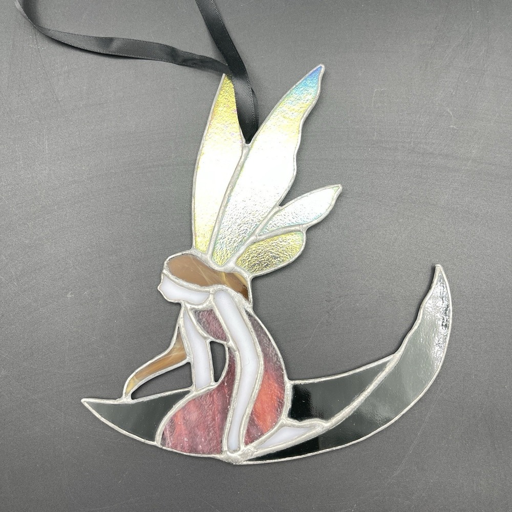 Vintage Stained Glass Fairy Moon Suncatcher Hanging Panel Iridescent Glass